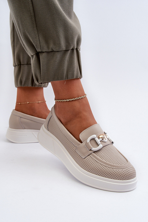 Mokasyny Na Platformie Damskie Skóra S.Barski LR720 Beżowe