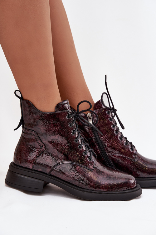 Patent Leather Leather Women's Ankle Boots On Block D&A LZ52-954 Burgundy