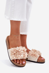 Women's Cork Sole Slippers With Decorative Flowers Beige Seleneza