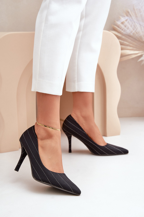 Szpilki Damskie Materiałowe W Paski Czarne Tifidra