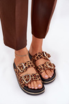 Women's platform slippers with leopard print and gold buckles brown Tersele