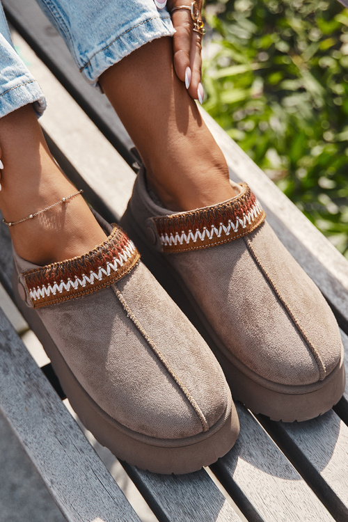 Damskie Śniegowce Platforma Ruchomy Pasek Haft Niskie Ciemnobeżowe Lyrisse