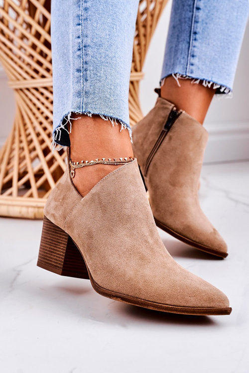Women's Boots With A Cut On Block Heel Suede Beige Lawrence
