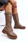 Women's Mid-Calf Lace-Up Combat Boots Beige Elavettsa