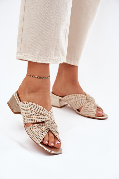 Damskie Klapki Obcas Klocek Beżowo-Złote Maciejka 06955-25