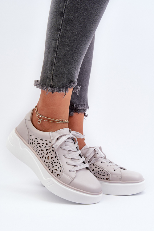 Sneakersy Ażurowe Na Platformie Skóra Naturalna Szare Peilaeno 24SP18-6880