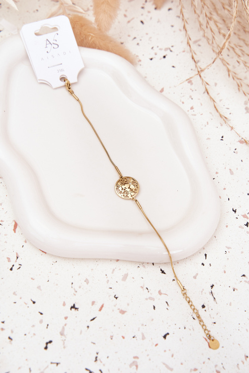 Damska Bransoletka Stal Chirurgiczna Kółko Z Kwiatuszkami Złota