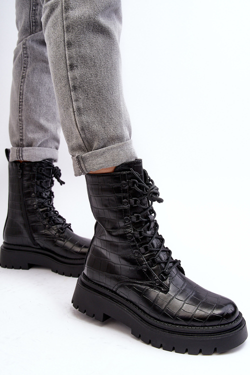 Women's Workery Boots with Decorative Embossing Black Tarolia