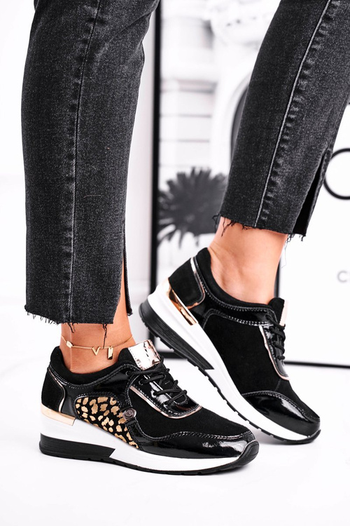 Women’s Sport Shoes Sneakers Leather Black 21-7778