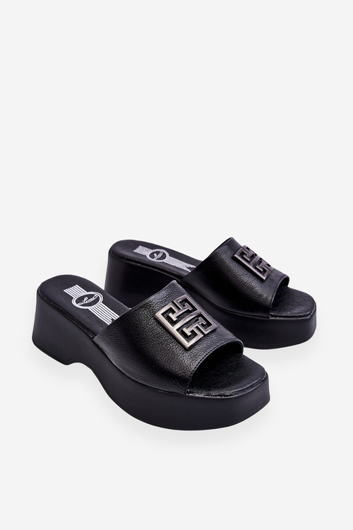 Klapki Damskie Skóra Platforma Ozdoba Czarne Renna