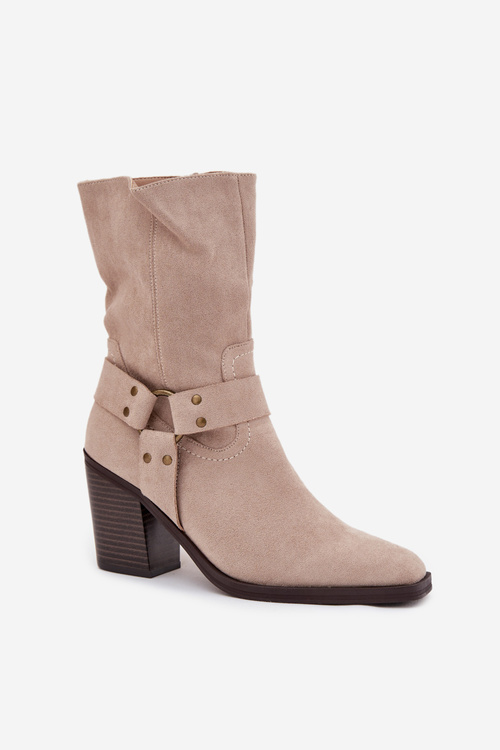 Ladies warm ankle boots on a heel with straps and a decorative detail beige Neria