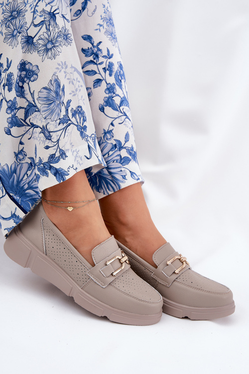 Ladies Leather Moccasins with Golden Detail Ciemnobeżowe Vinceza 88007