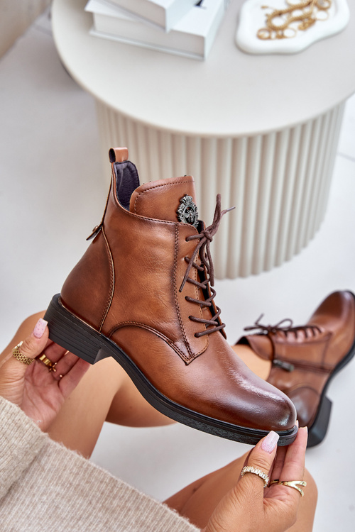 Insulated Ankle Boots With Flat Heel And Decoration Camel Leonise