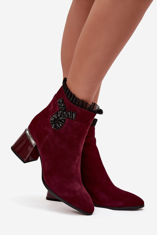 Suede Leather Women's Ankle Boots On Heel With Decoration Insulated D&A MR52-127 Bordeaux