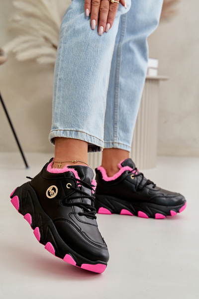 Buty Sportowe Sznurowane Damskie Ocieplane Na Platformie Czarne Bialoa