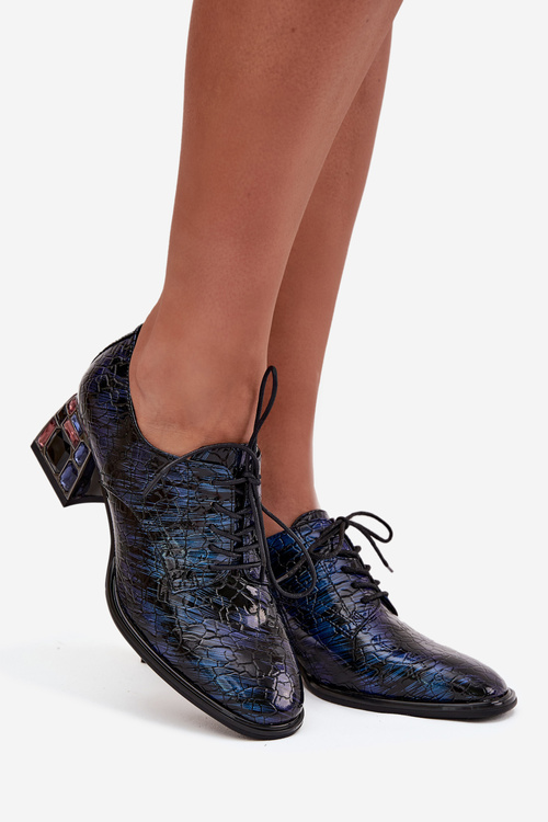 Damskie Półbuty Skóra Lakierowane Obcas Z Kryształkami Granatowe Artiker 55C0428