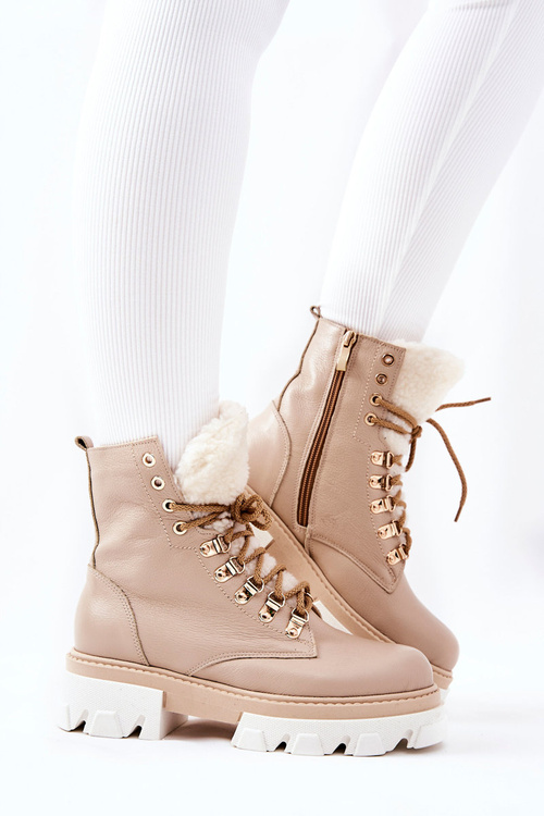 Padded Leather Worker Boots Beige Lecolly