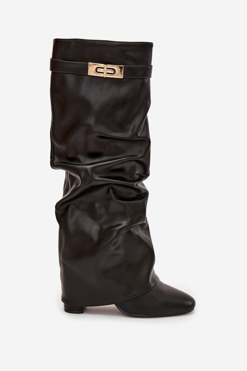 Women's Heeled Boots With Folded Shaft And Gold Detail Black Diorna