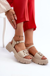 Women's Leather Sandals with Gold Decoration Beige Vinceza 7910
