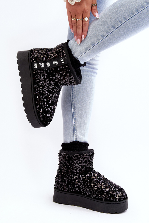 Women's Snow Boots On Platform Embellished With Rhinestones Black Silmo