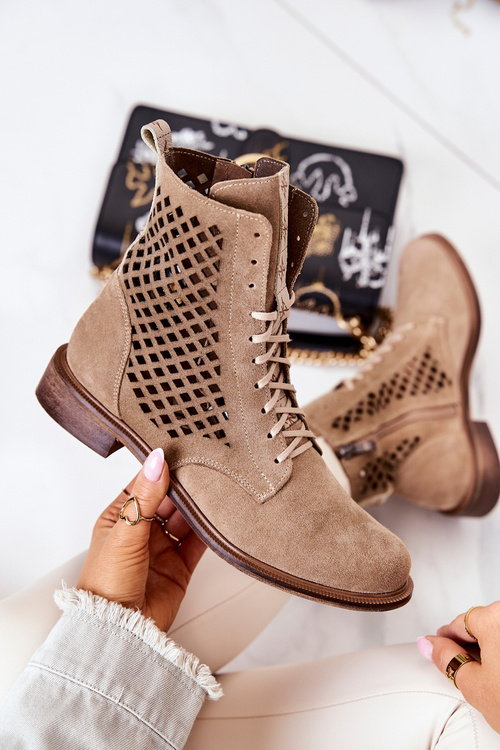 Botki Zamszowe Ażurowe Wiązane Beżowe Nicole 2696