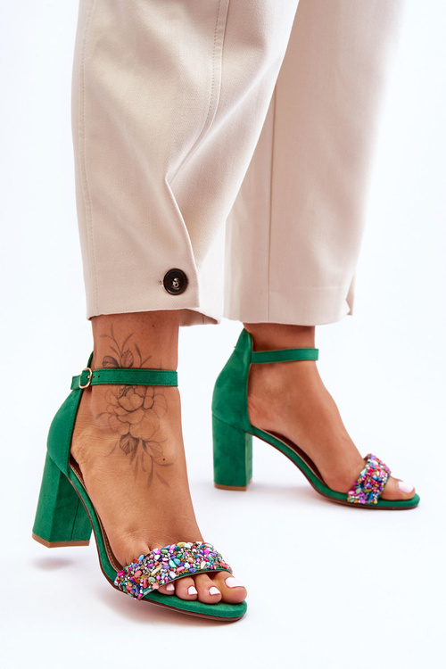 Fashionable Sandals With Stones High Heels Green Love Me