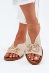 Women Sandals Flat Heel With Golden Decoration Beige Amelira