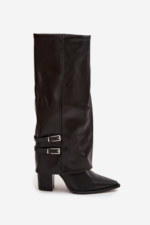 Women's High Heeled Boots with Turned-Up Shaft and Buckles Jessae Black