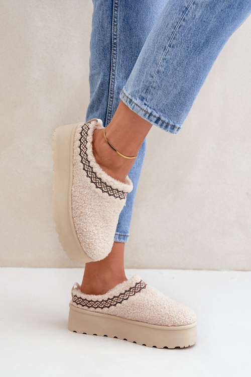 Snow Boots Slippers On Platform With Sheepskin Light Beige Leaniella