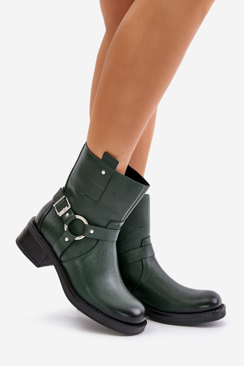 Zazoo 60480 Leather Ankle Boots With Low Heel Insulated Dark Green
