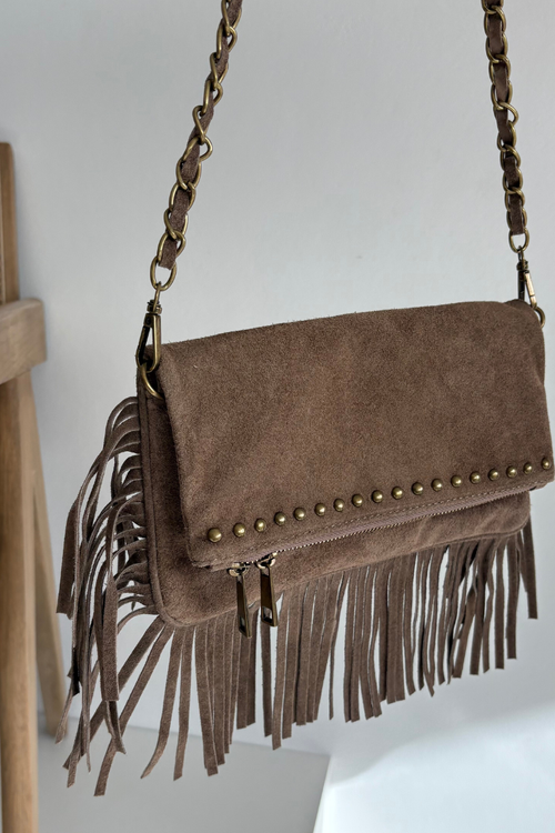 Suede Bag with Fringes on Chain Dark Beige Narella