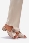 Elegant Ladies Slippers On Low Heel With Decoration Beige Feledis