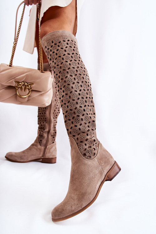 Openwork Suede High Boots Dark beige Pointe