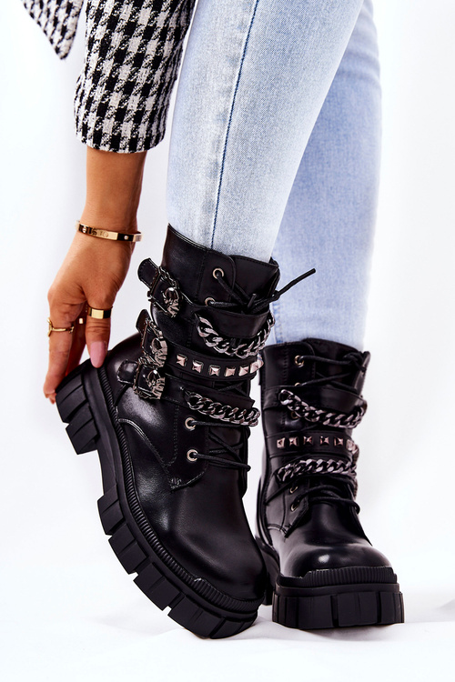 Tiered Boots with Chain Buckle Black Reiloy