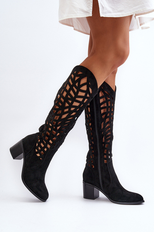 Black Openwork Boots with Heels Pinkema
