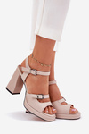Sandały Damskie Skóra Naturalna Obcas Słupek Beżowe Vinceza 77110 