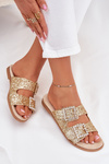 Shiny embellished flip flops with buckles on flat heel gold Tovira