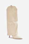 Eko Skórzane Kozaki Na Szpilce Wywinięta Cholewka Zamek Jasnobeżowe Bellinna