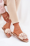 Women's Flat Sandals With Decorative Flowers Beige Misorsse
