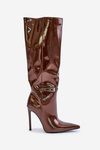 Lacquered insulated boots on a stiletto heel with a buckle brown Tameliae