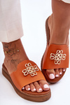 Women's Leather Platform Slippers with Decoration Orange Azera
