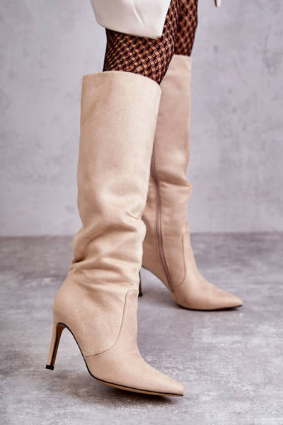 Suede High Heel Boots Beige Carite