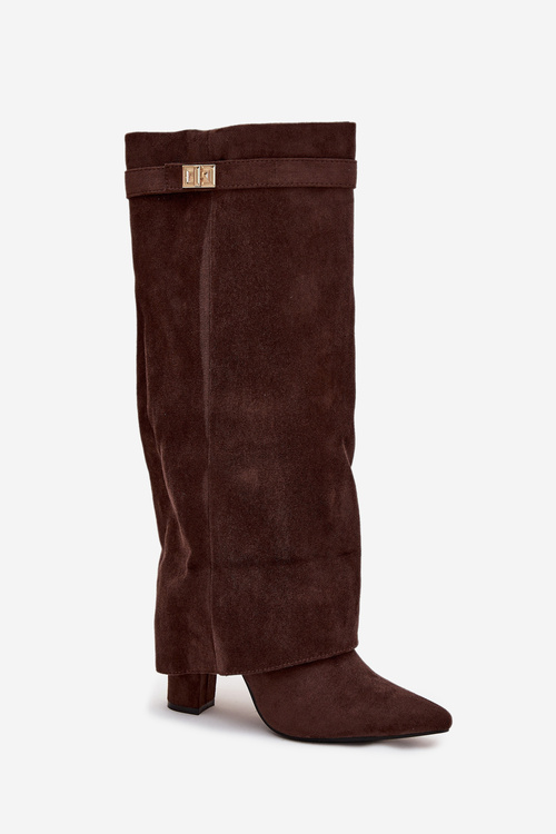 Eco Suede Boots Heel Block Zipper Insulated Folded Shaft Chocolate Evyra