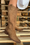 Cowboy Boots With Perforated Pattern On Low Heel Khaki Selirae