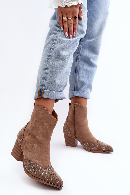 Women's Embellished Cowboy Boots On Heel Beige Eleduana