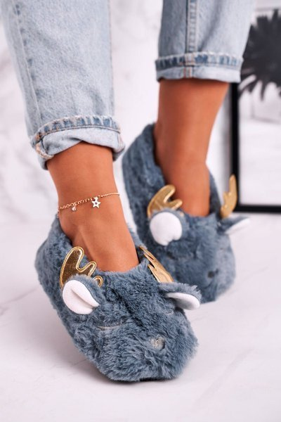 Christmas Insulated Furry Slippers Blue Jingle Bells