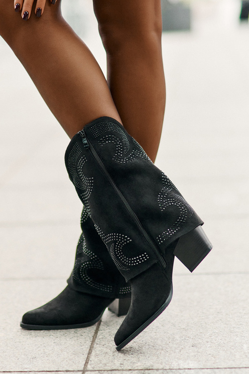 Embellished ankle boots cowboy style mid-calf on heel black HY42-153