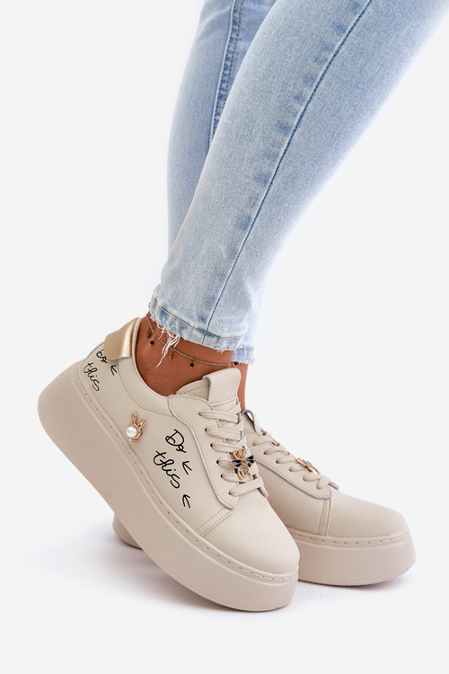 Women Leather Sneakers On Platform With Appliqués And Writing Vinceza 89102 Beige