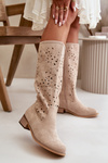 Ladies Perforated Ankle Boots On Low Heel Eco Suede Zip Fastening Light Beige Orchides