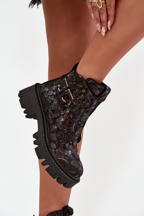 Botki Lakierowane Skóra Naturalna Ocieplane Ozdoba Czarno-Złote Artiker 57C2084